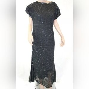 Allure Sparkle Beaded Lined Padded Shoulders Formal Black Midi Dress XL